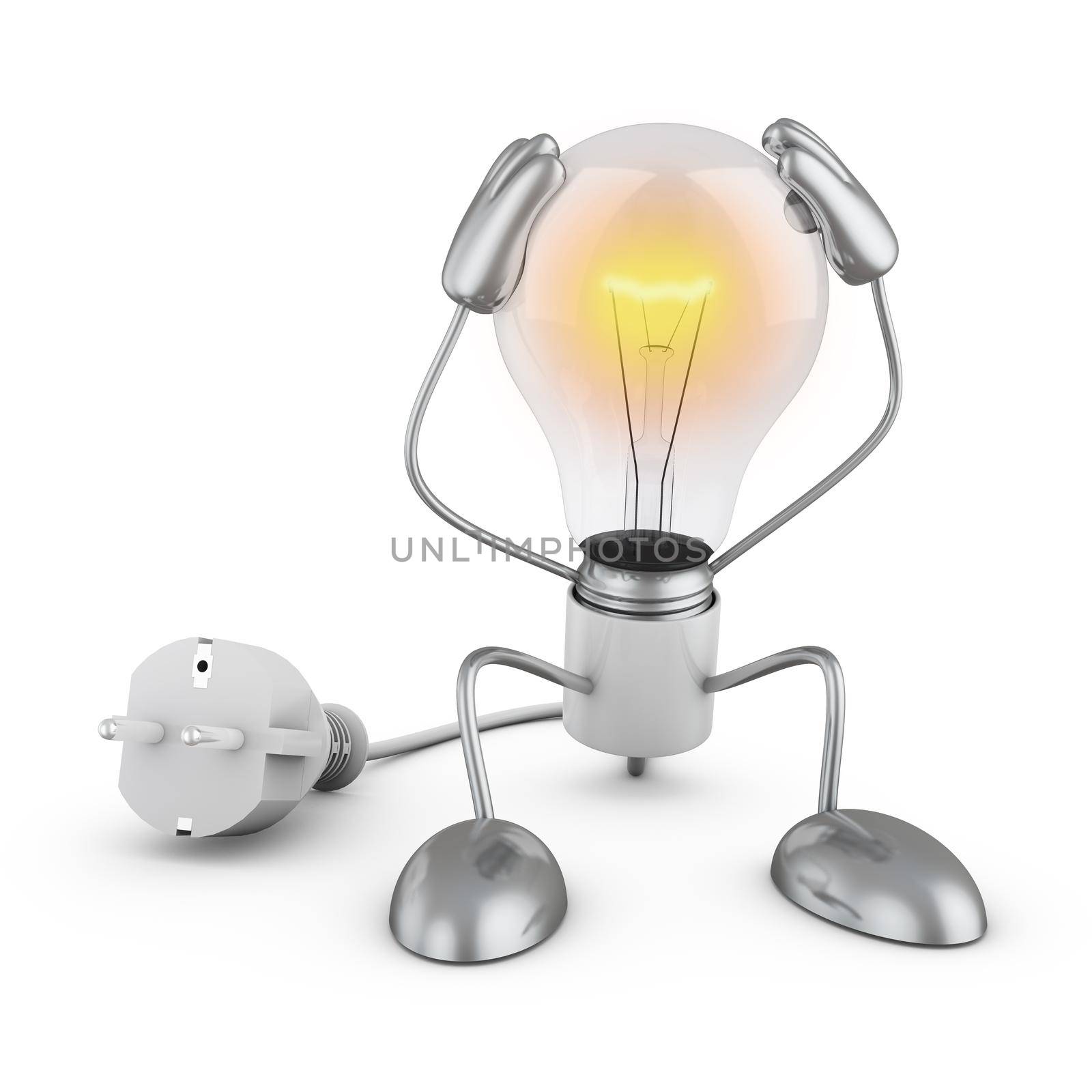 Incandescent lamp holding his hands behind his head. 3d render.