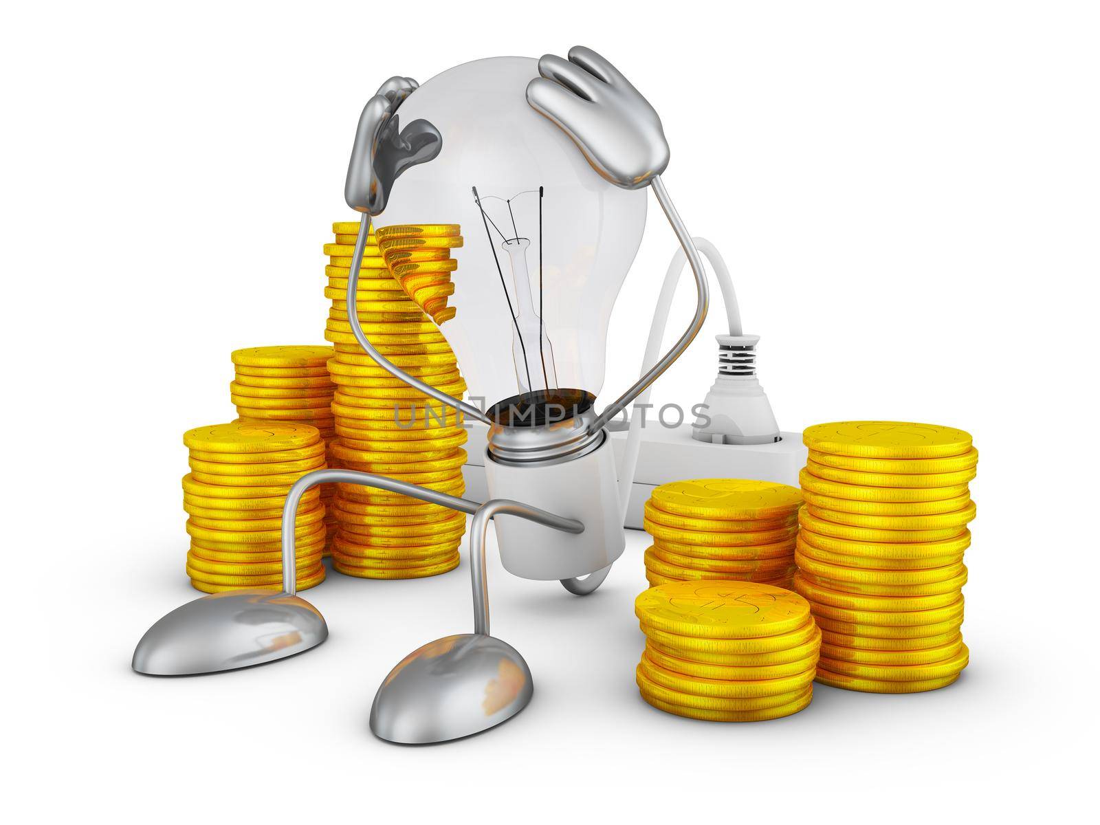 Incandescent holds his hands behind his head near the stacks of coins. 3D render.