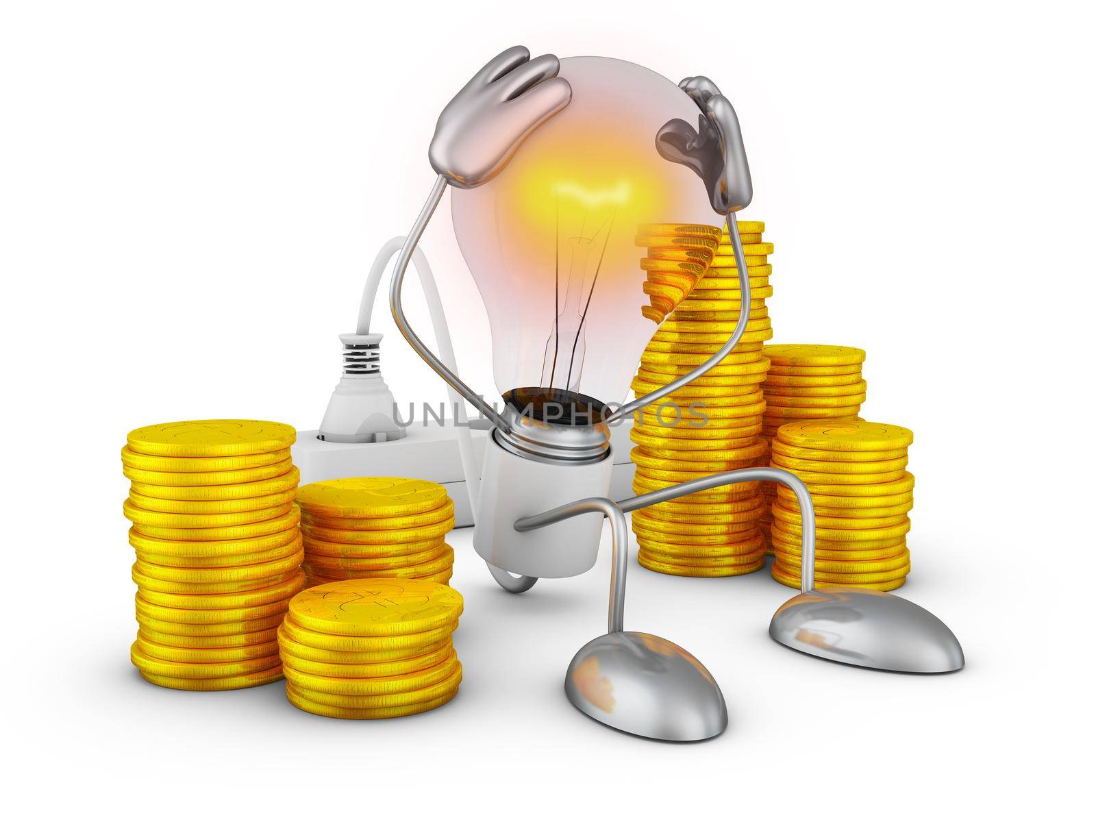 Incandescent holds his hands behind his head near the stacks of coins. 3D render.