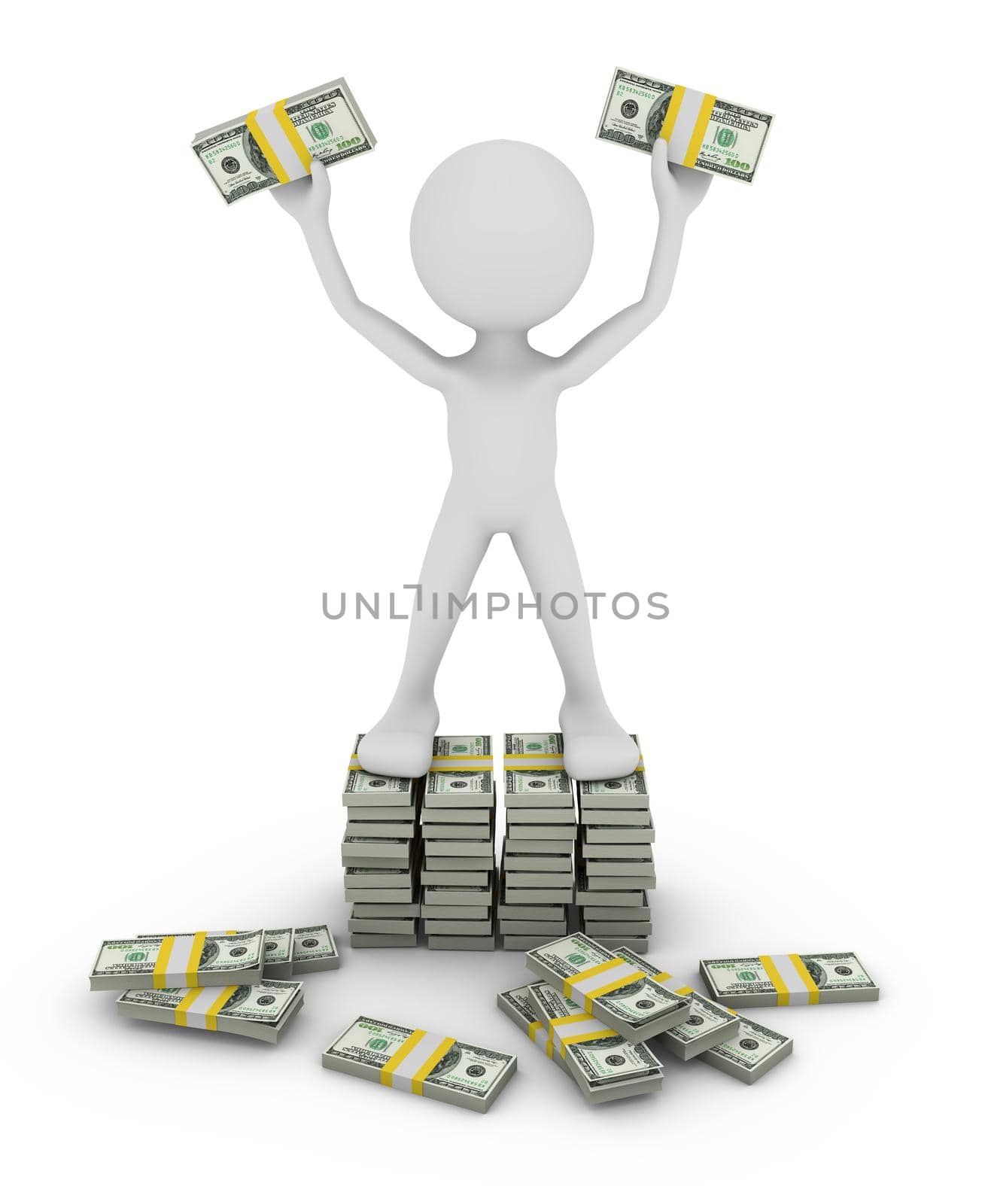 A man standing on a packs of dollars. 3d render.