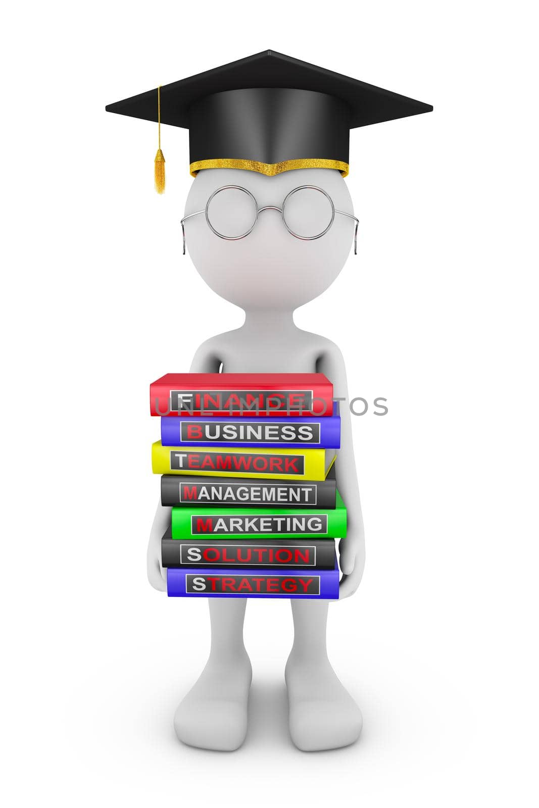 Man holds a stack of books on the study of business
