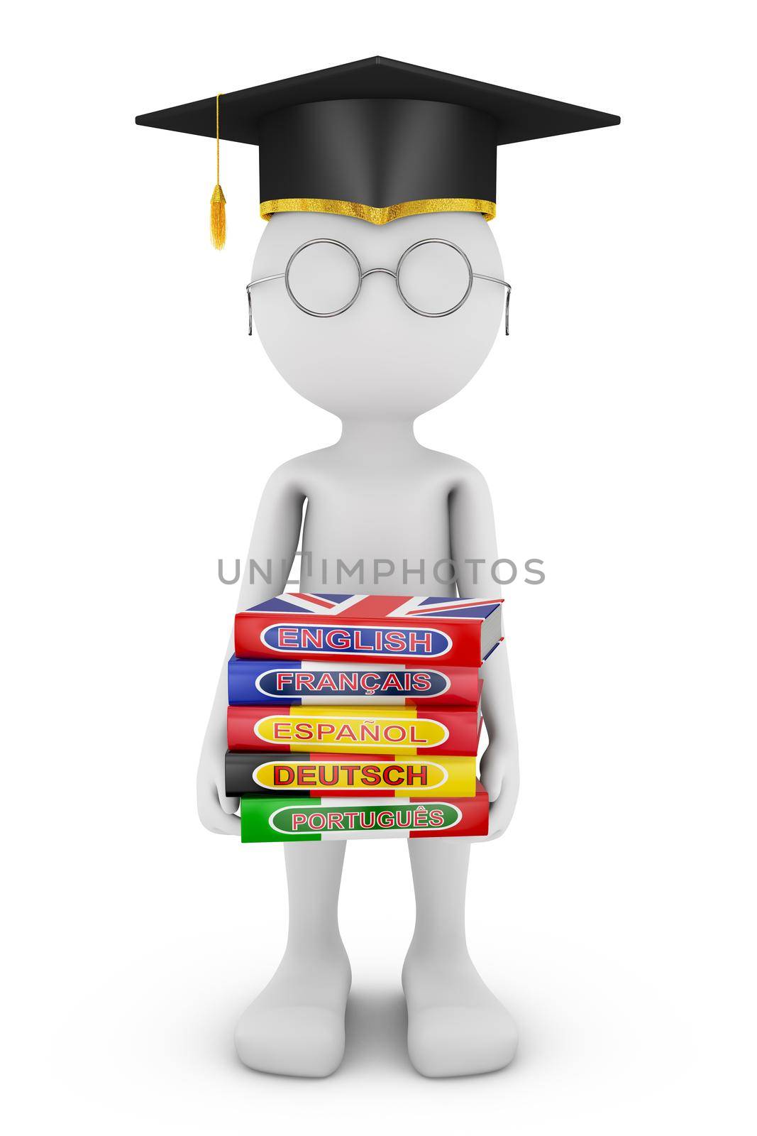Man holds a stack of books on language learning
