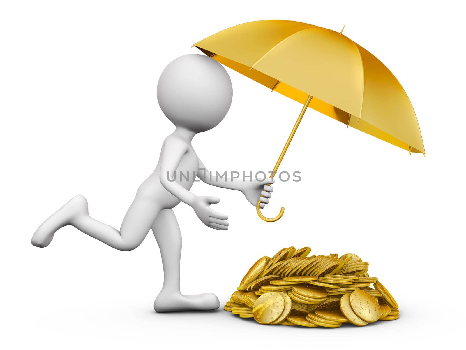 a man with an umbrella and a bunch of coins