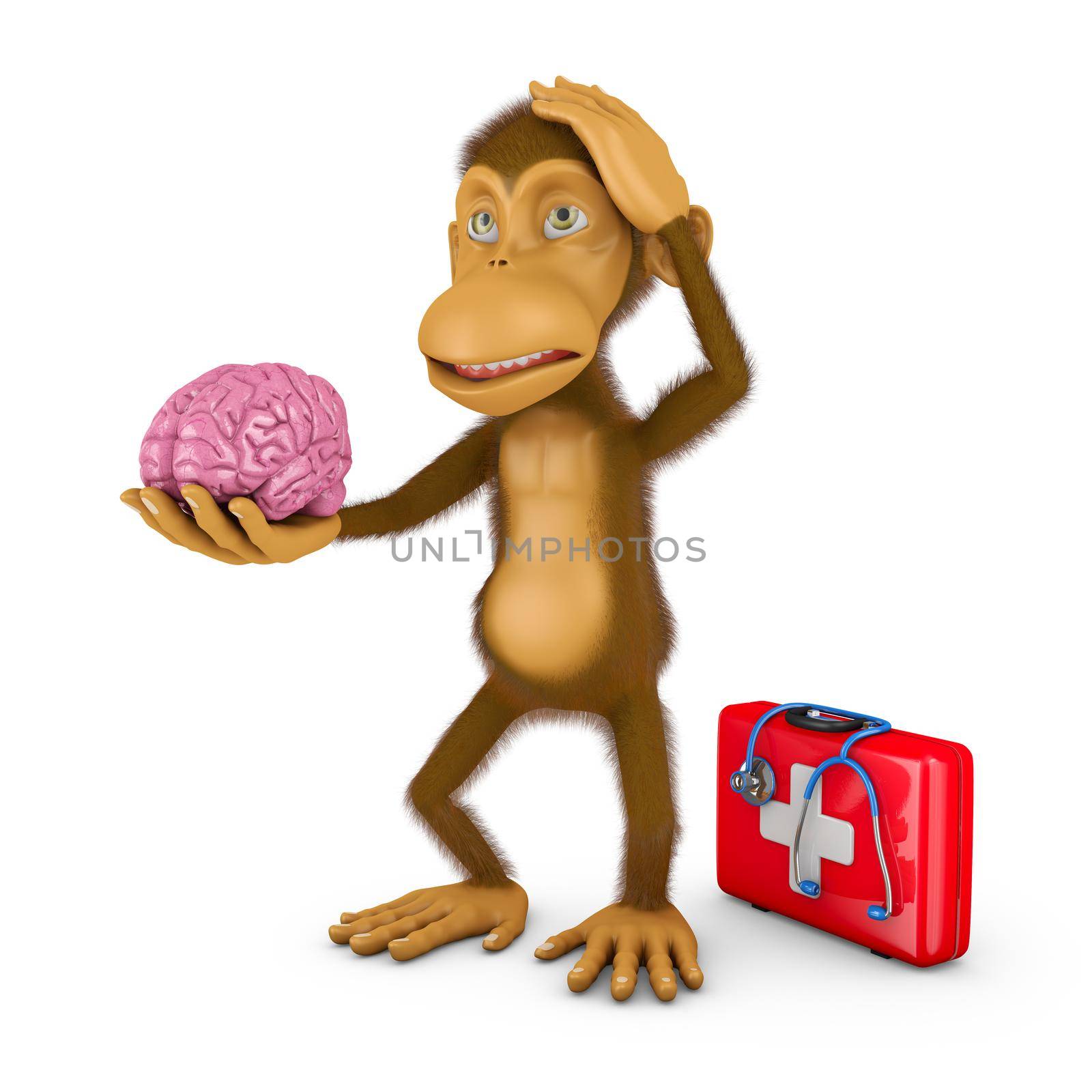 monkey holding a human brain, 3d render