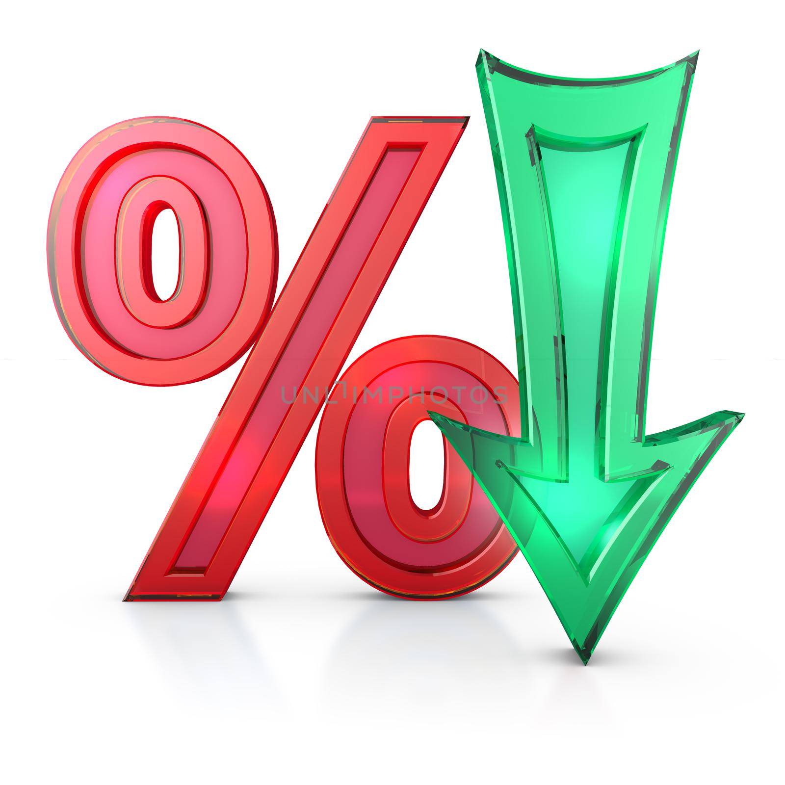transparent percentages and arrow on a white background, 3d render