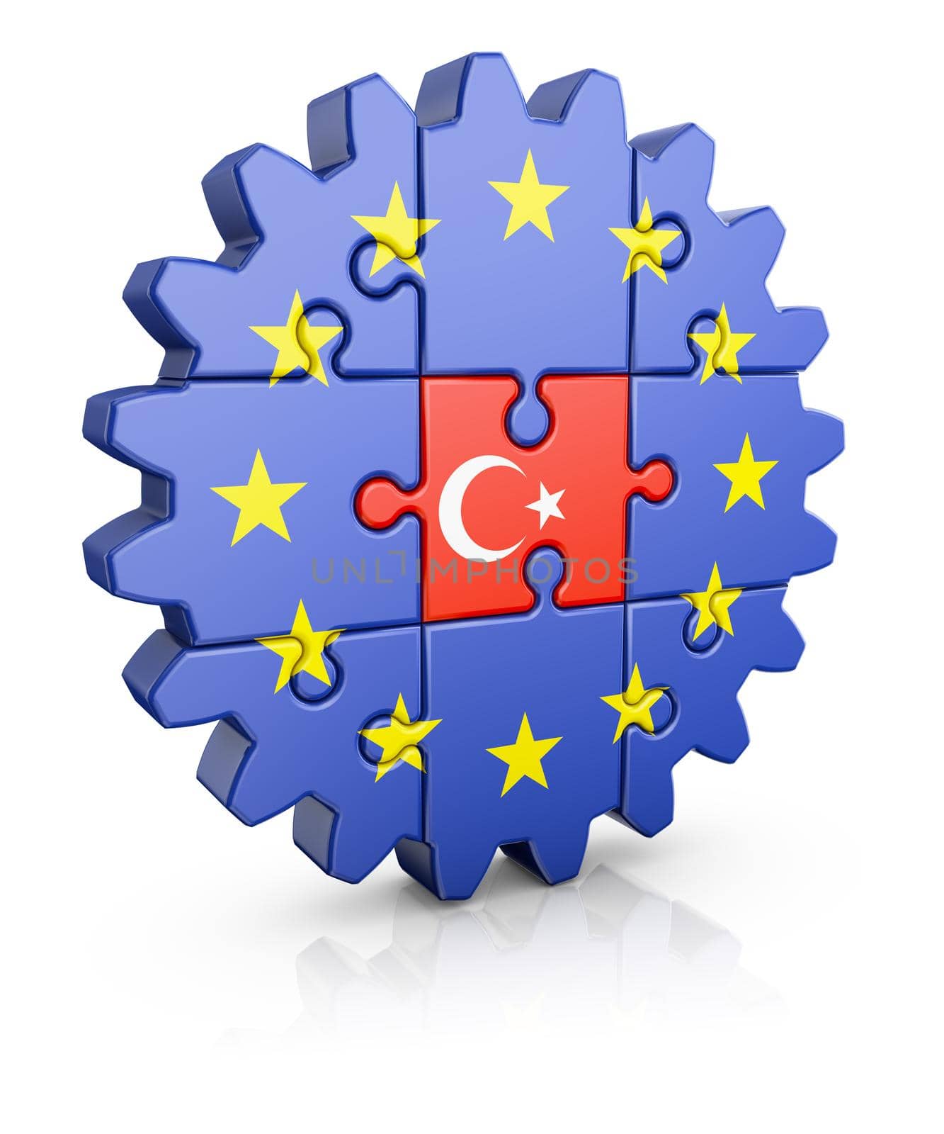 Gear-puzzle with a flag of the European Union and the Turkey.3D render.