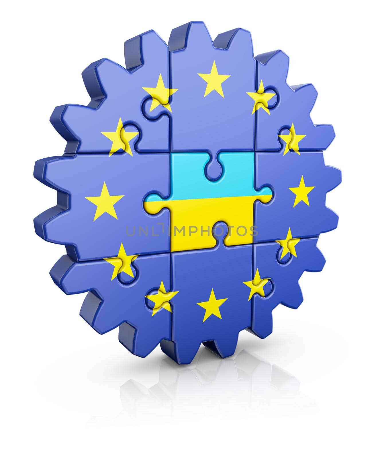 Gear-puzzle with a flag of the European Union and the Ukrainian.3D render.