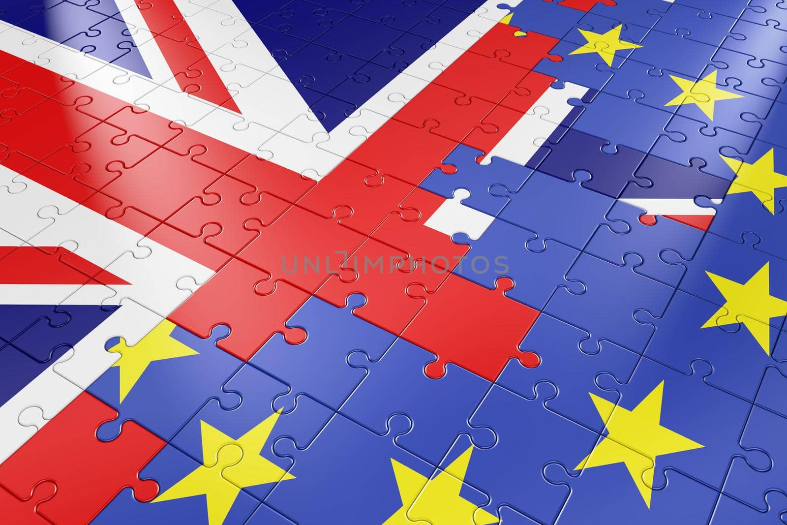 puzzle in the form of flags of the European Union and the United Kingdom. 3d render.