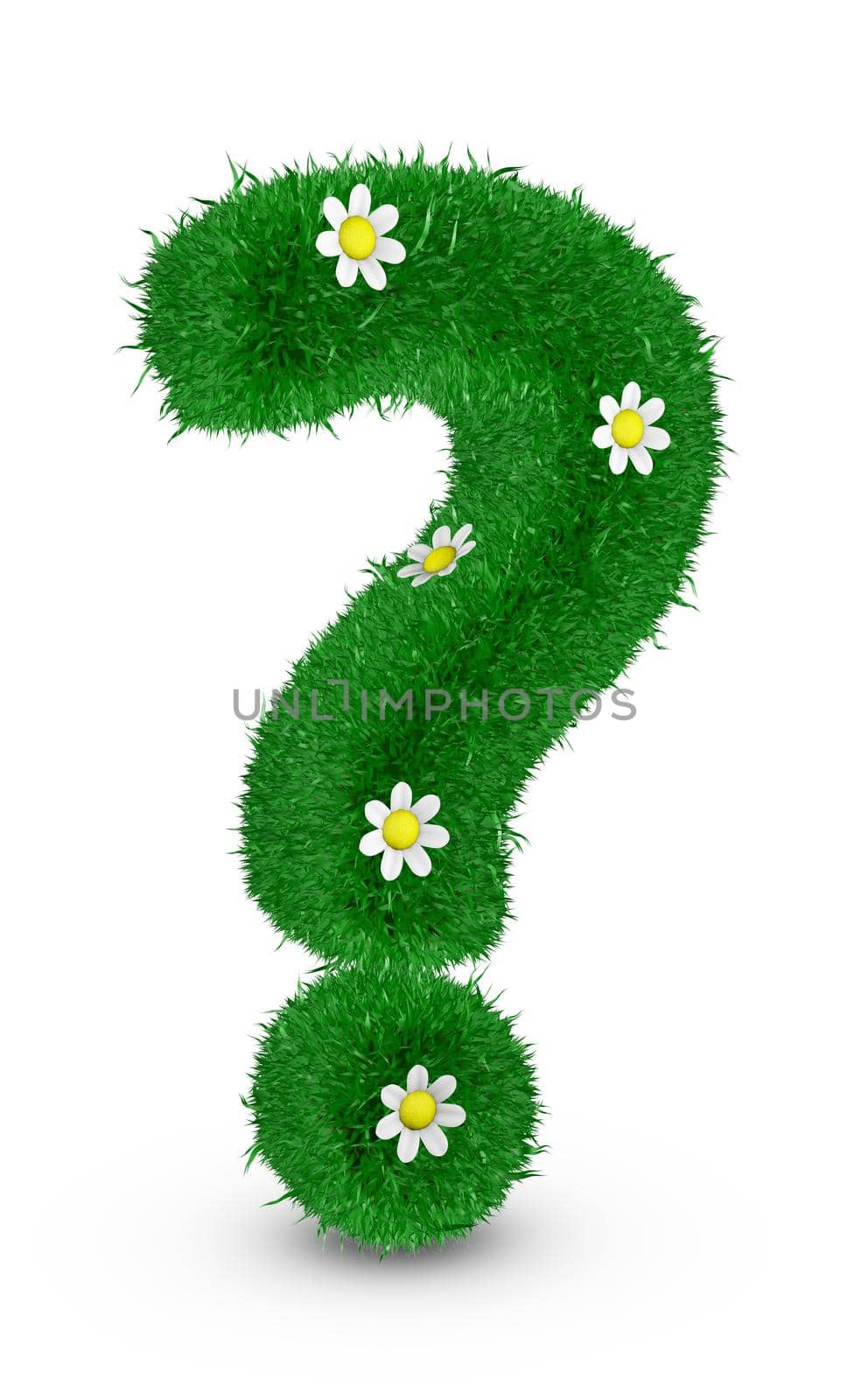 Question mark covered grass and flowers, 3d render.