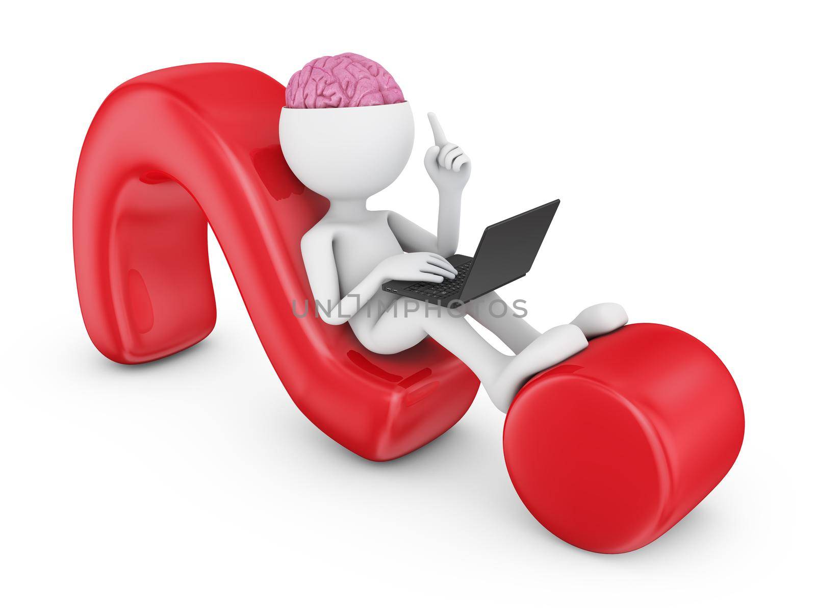Man with laptop sitting on a question mark, 3d render