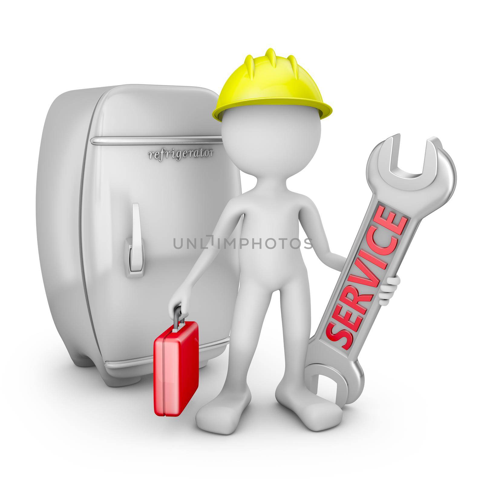 man with wrench and a red suitcase on background refrigerator