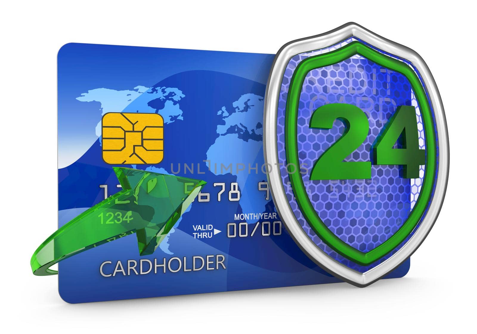 Shield and credit card on a white background. 3D render.