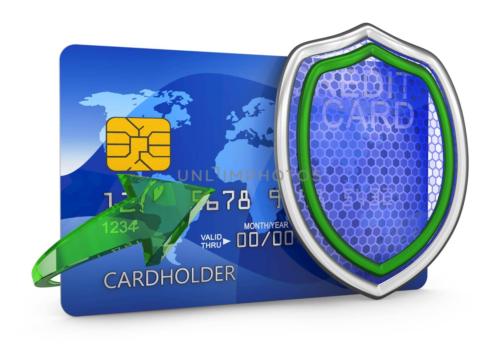 Shield and credit card on a white background. 3D render.