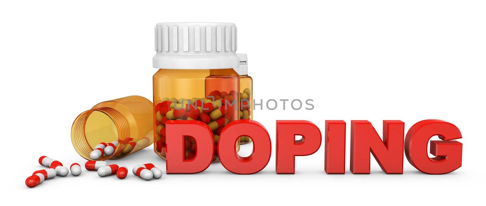 Bottles with capsules and volumetric doping sign, 3d render