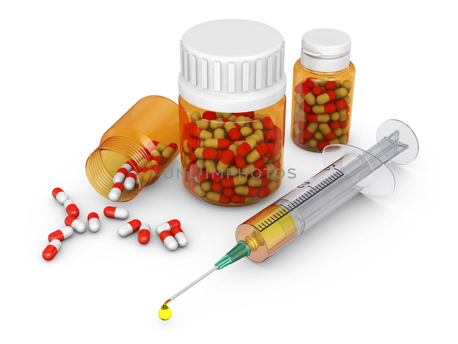 Bottles with capsules and a syringe, 3d rendering