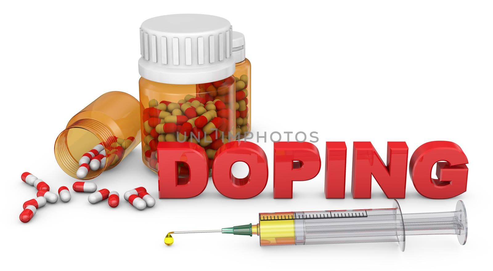 a syringe, a bottle of capsules and volumetric doping sign, 3d render