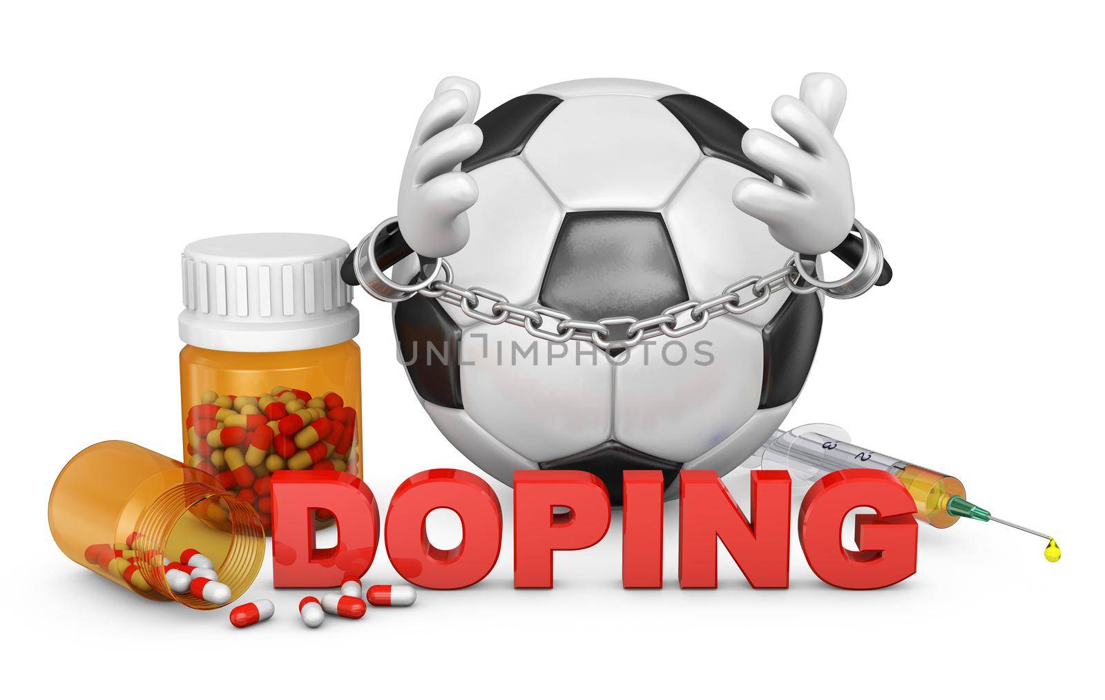 ball in handcuffs with capsules and a syringe, 3d rendering