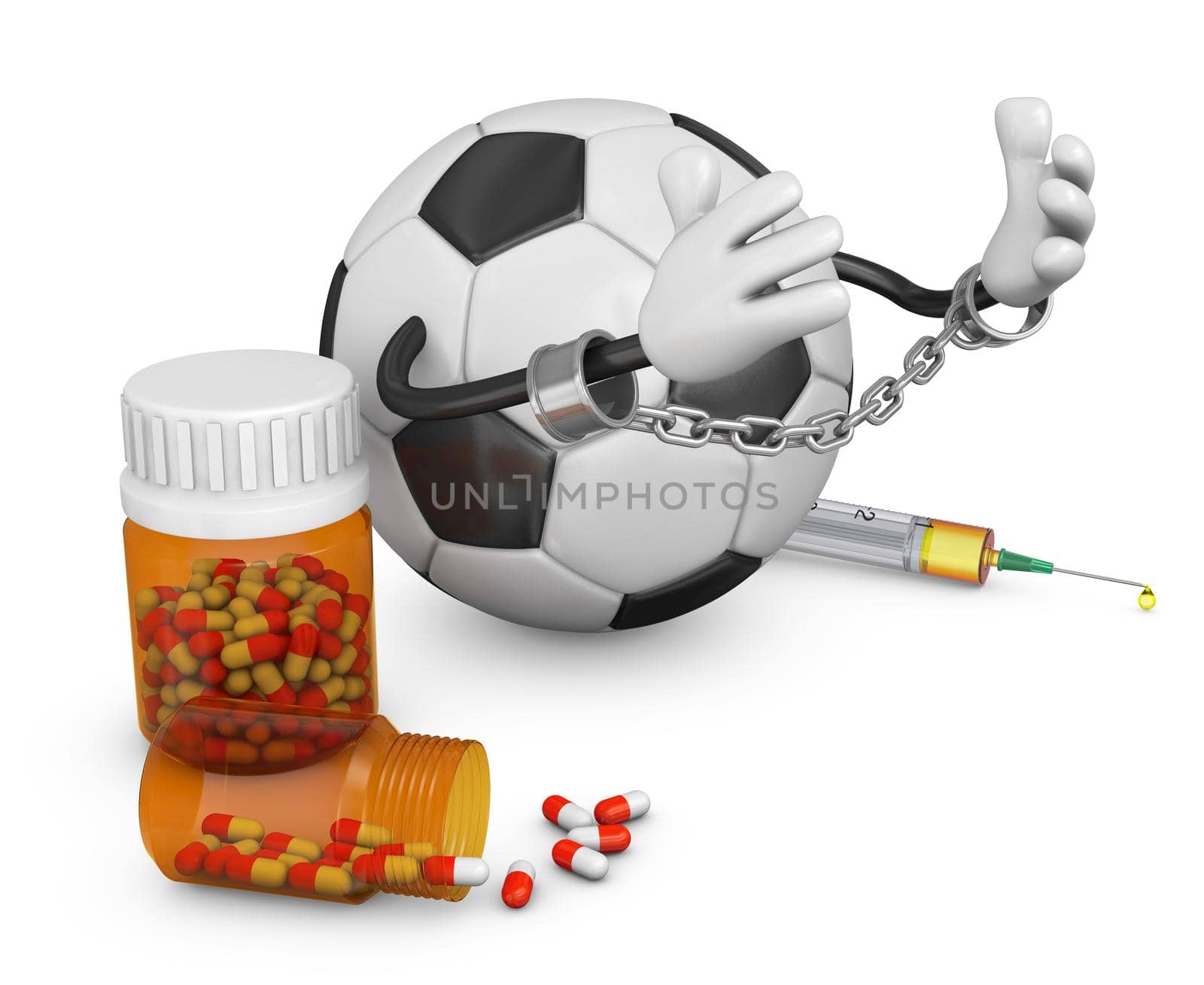 ball in handcuffs with capsules and a syringe, 3d rendering