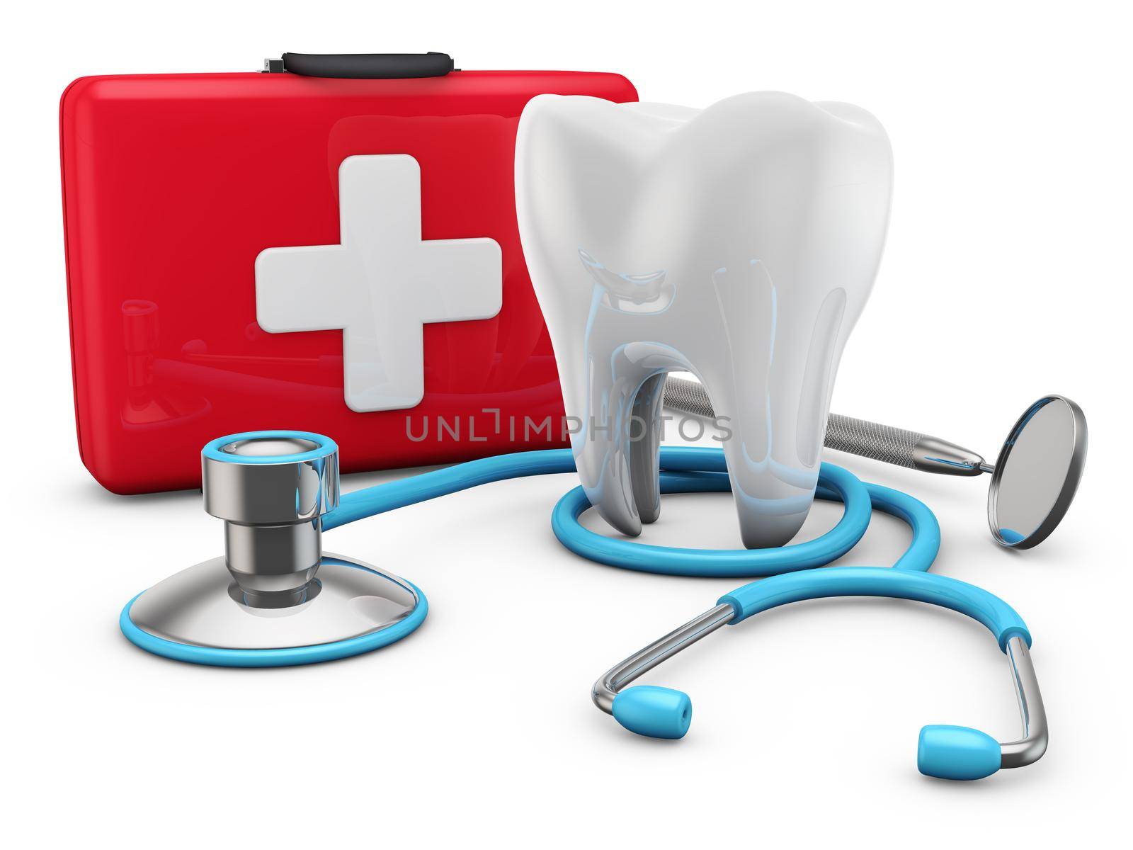 stethoscope on red suitcase and a tooth, 3d render