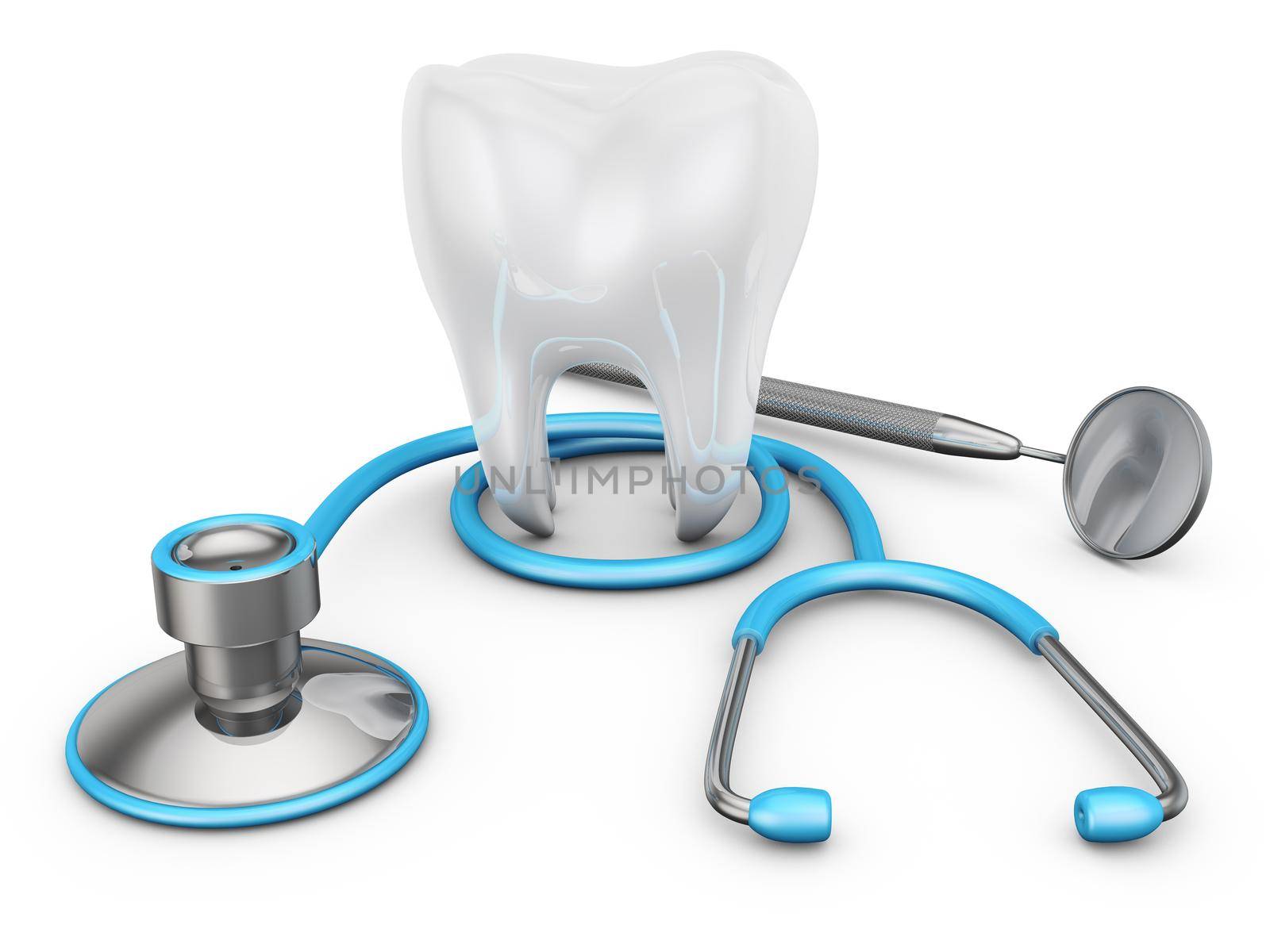 stethoscope and a tooth on a white background, 3d render