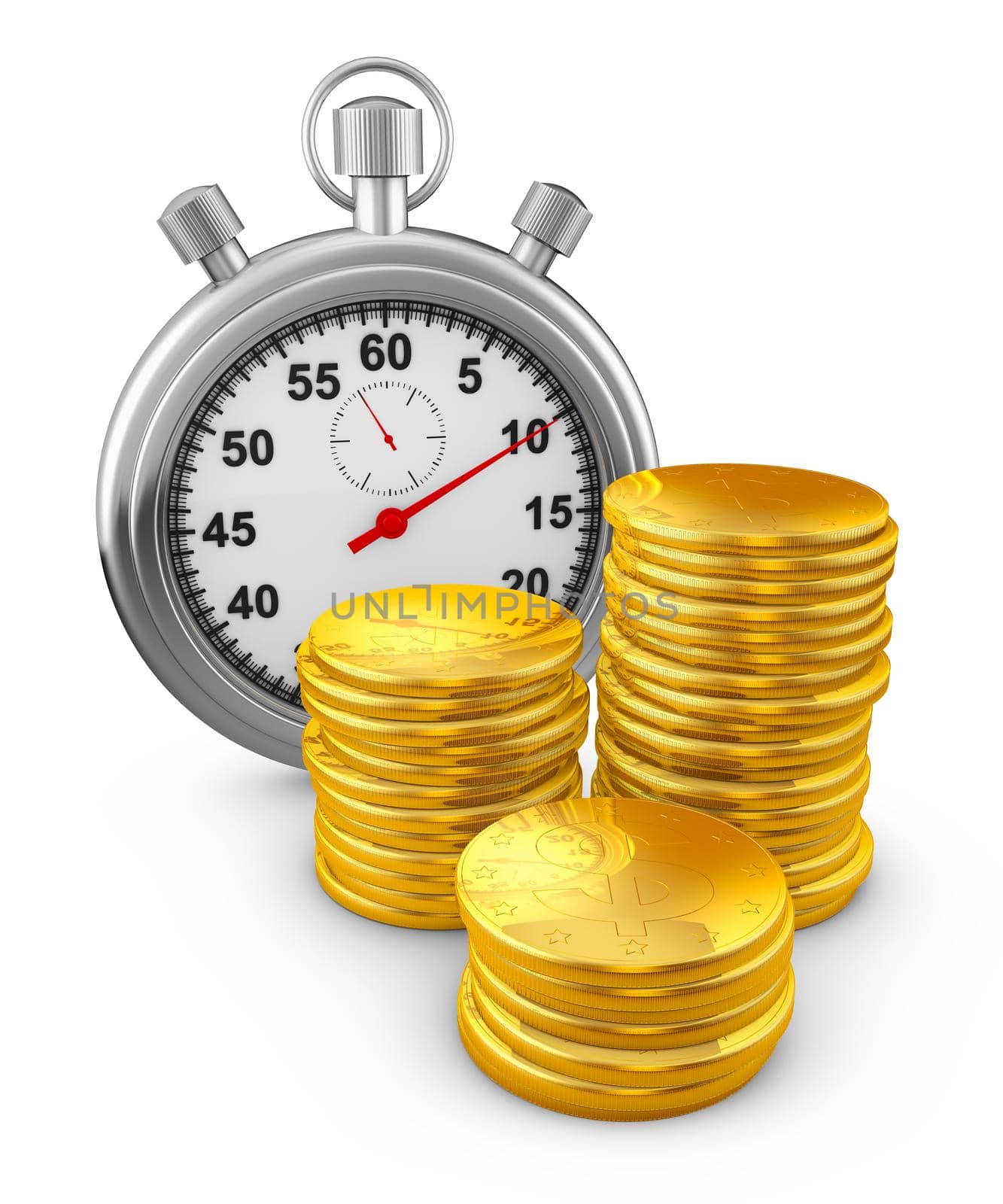 Stopwatch and a stack of coins on white background