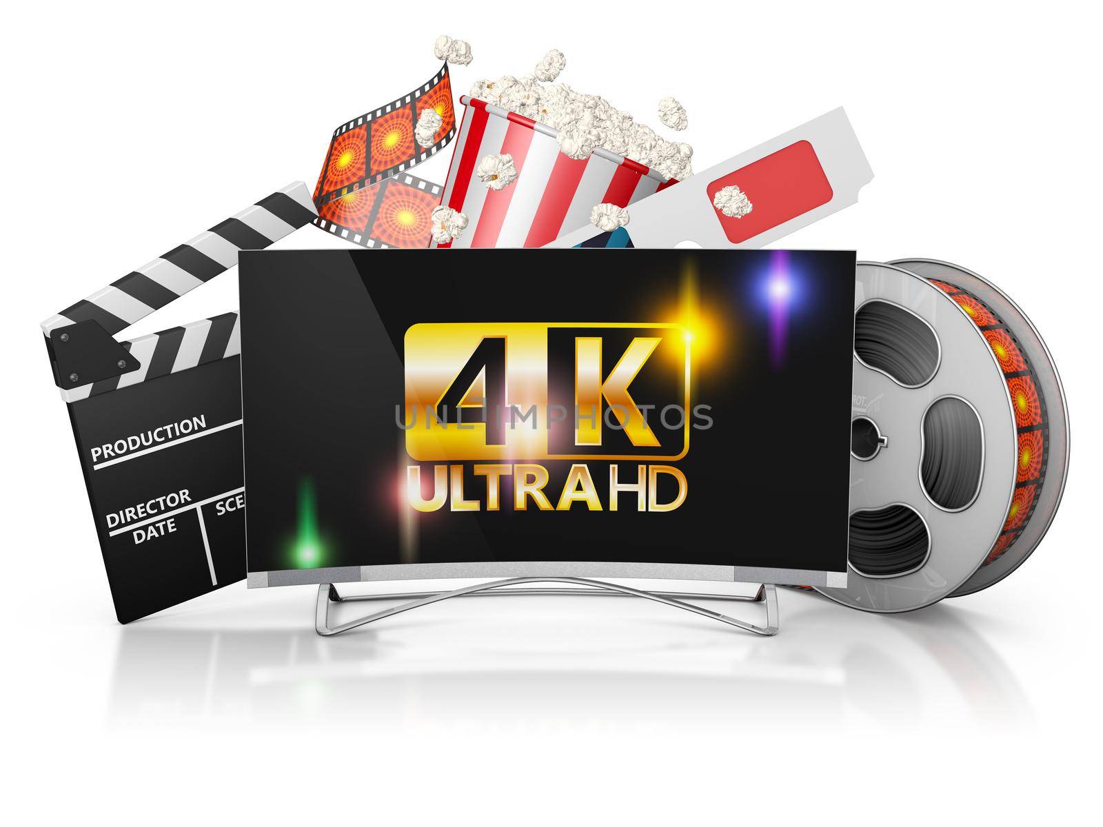 4K TV, popcorn and film strip on a white background