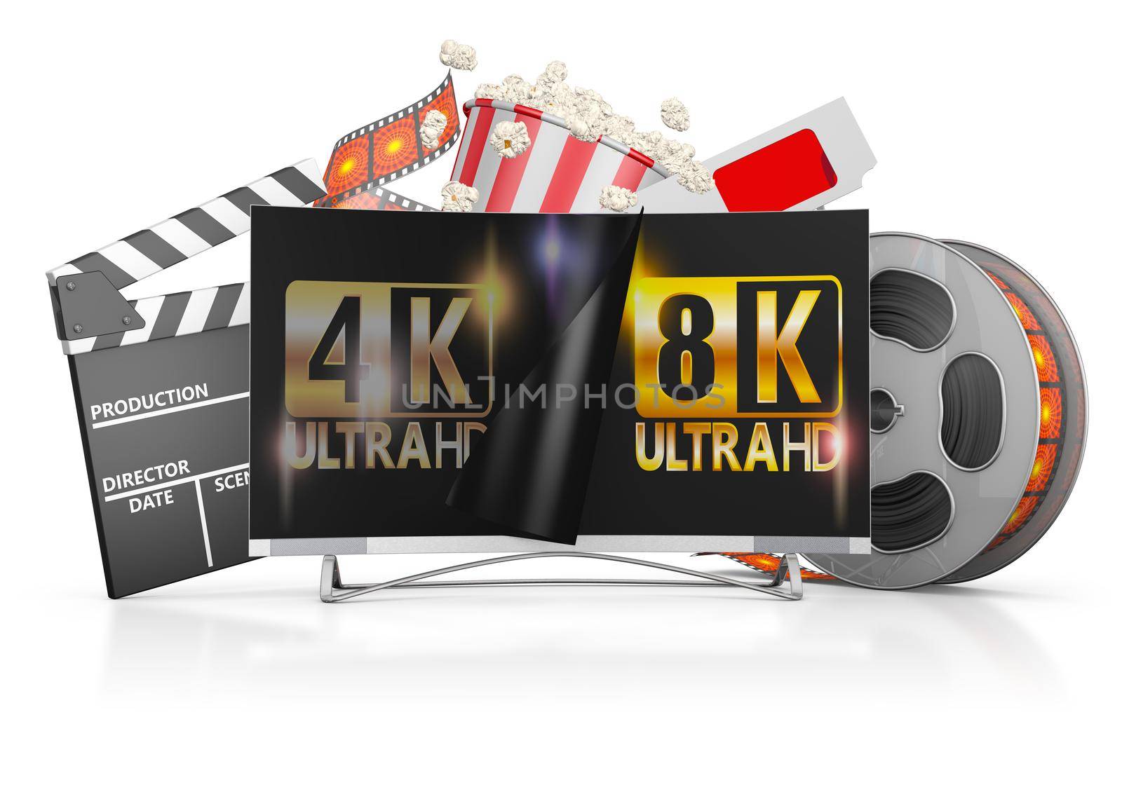 8K TV, popcorn and film strip on a white background