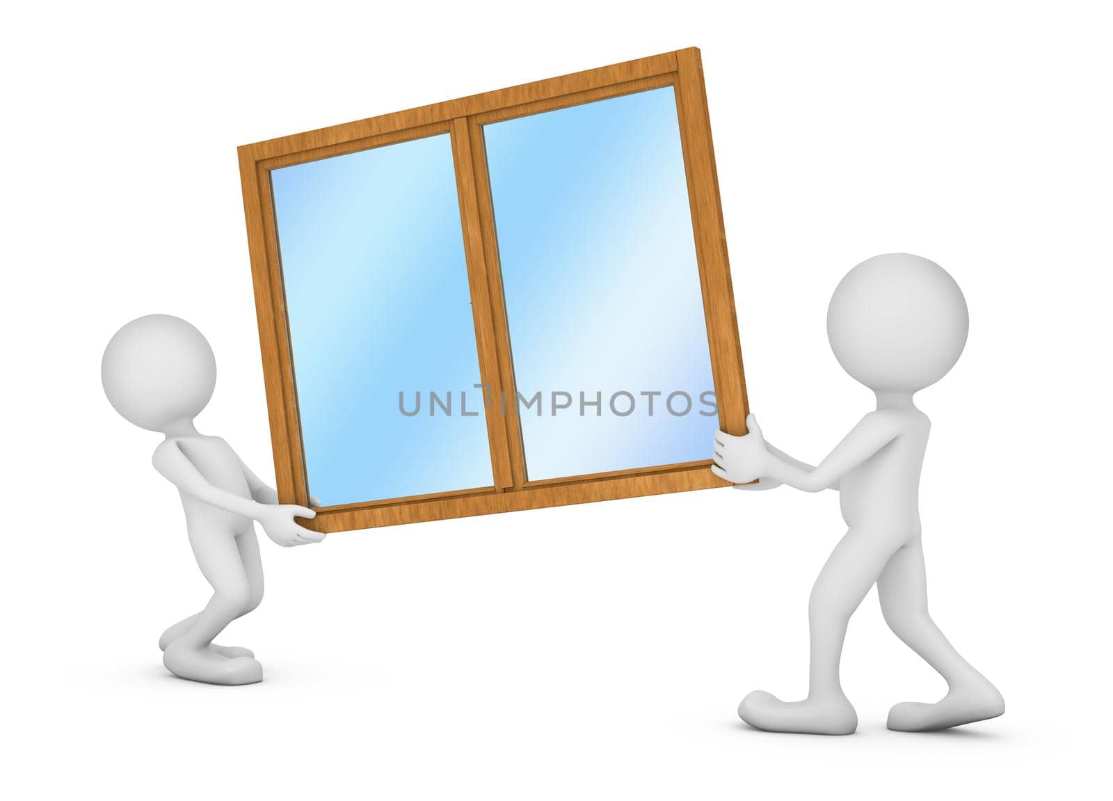 two people are holding a window 3d render