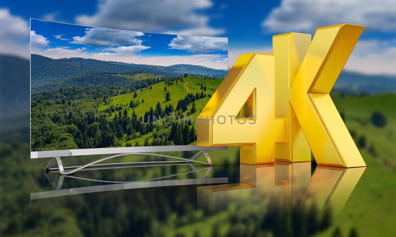 Ultra HD TV with a view of the mountains, 3D render.