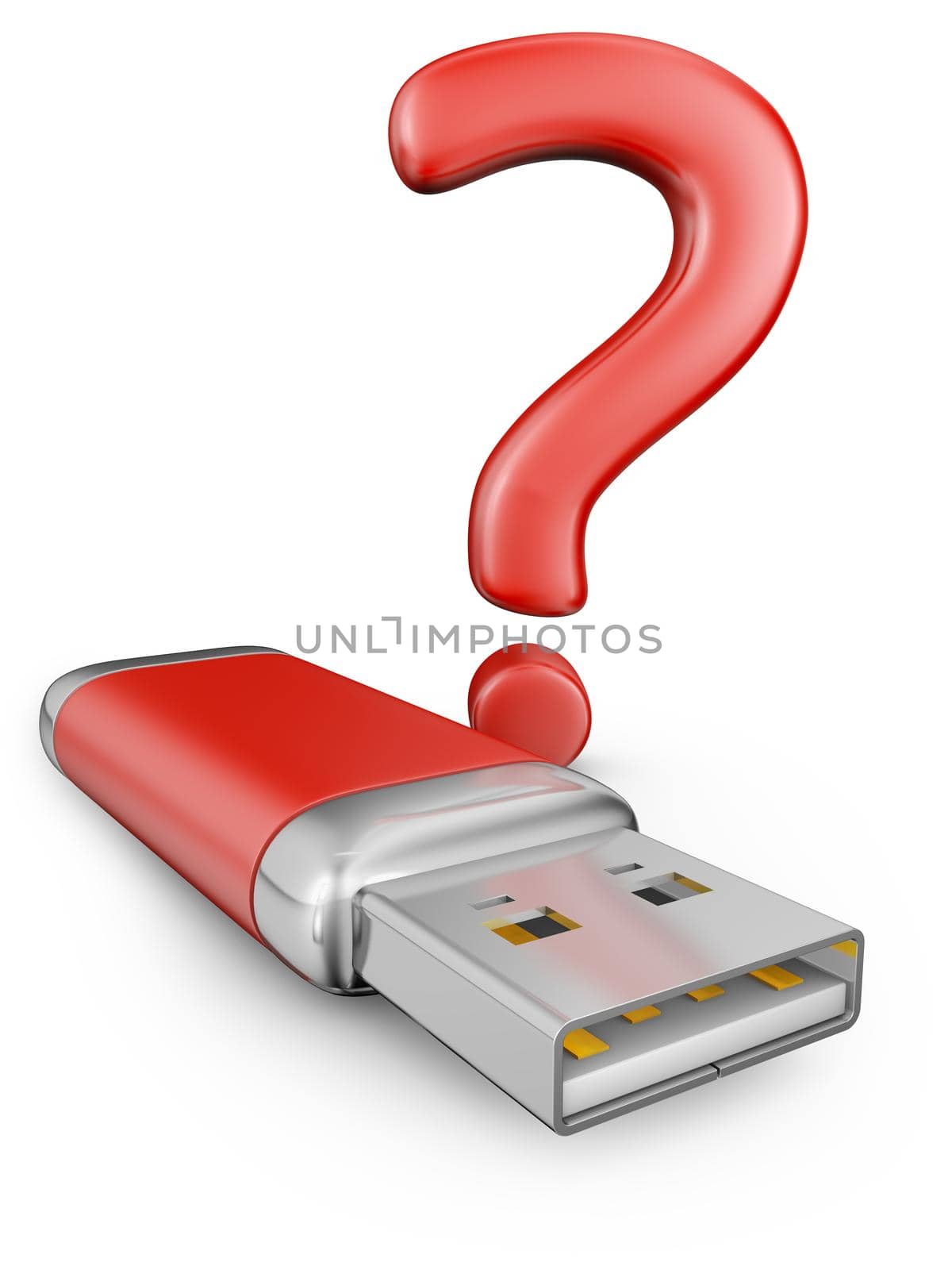 usb drive and red question mark on a white background