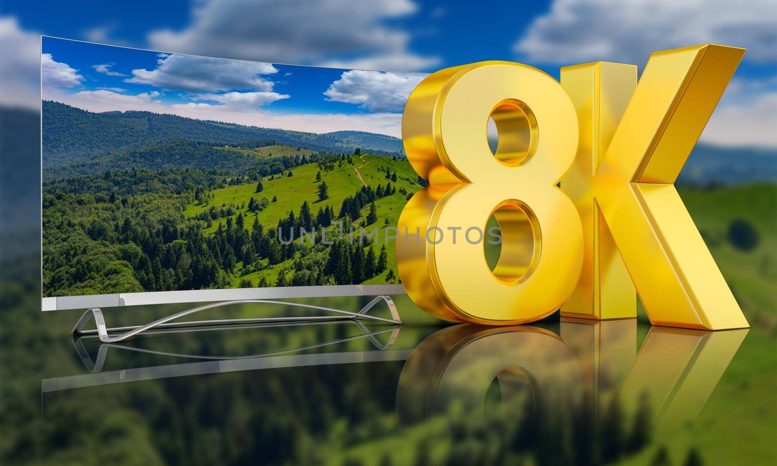 Ultra HD TV with a view of the mountains, 3D render.