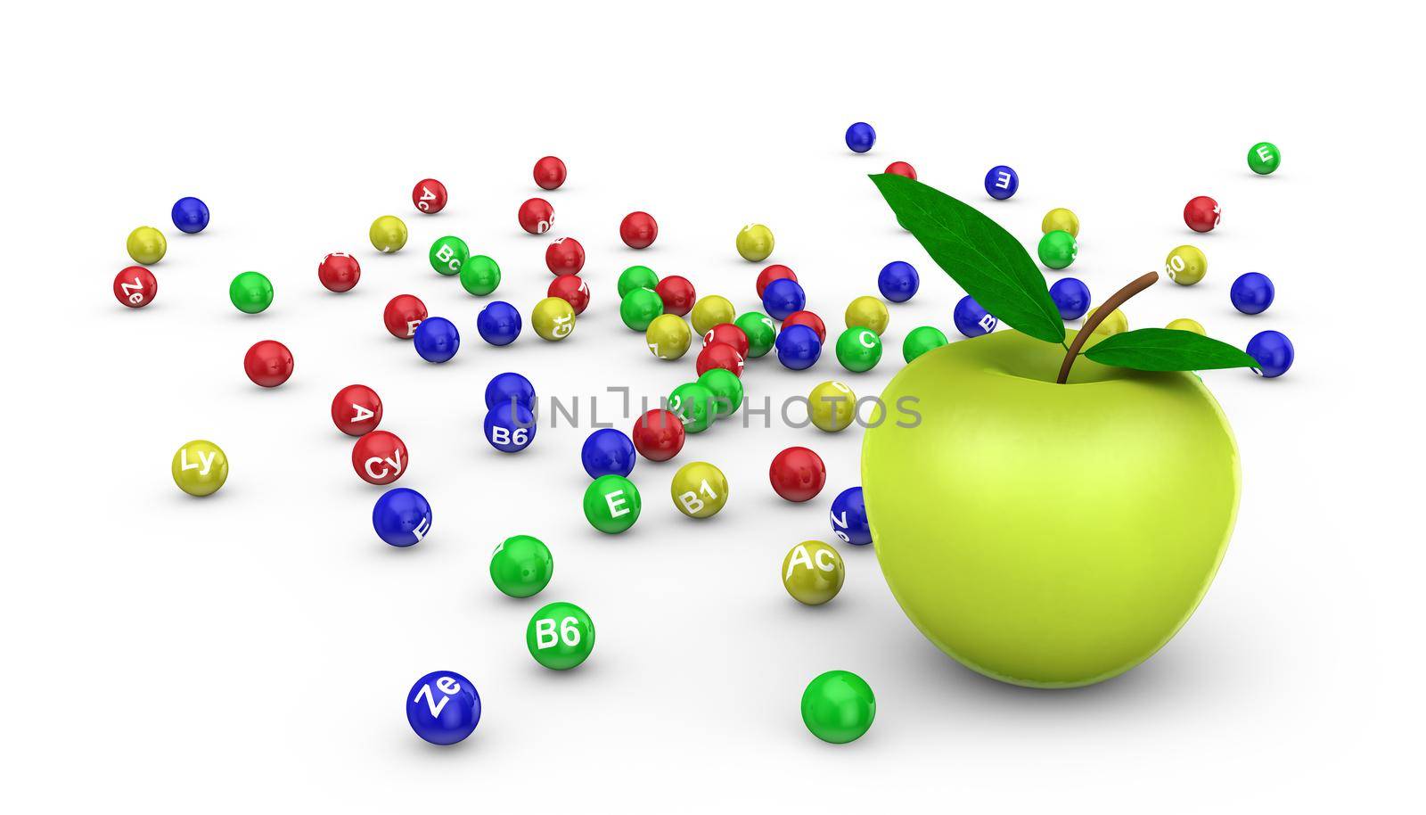 green apple and colored vitamins on a white background