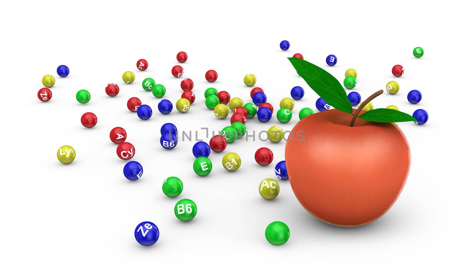 red apple and colored vitamins on a white background