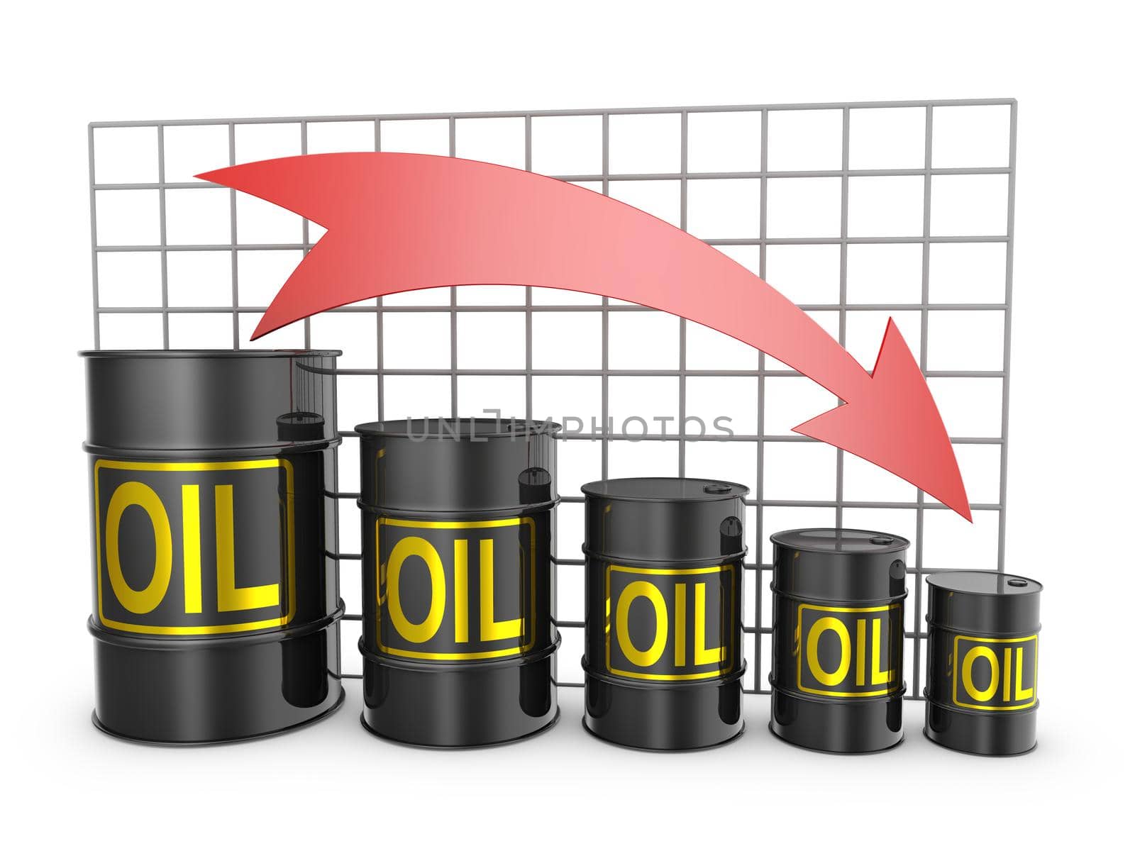 barrels of oil and an arrow pointing down