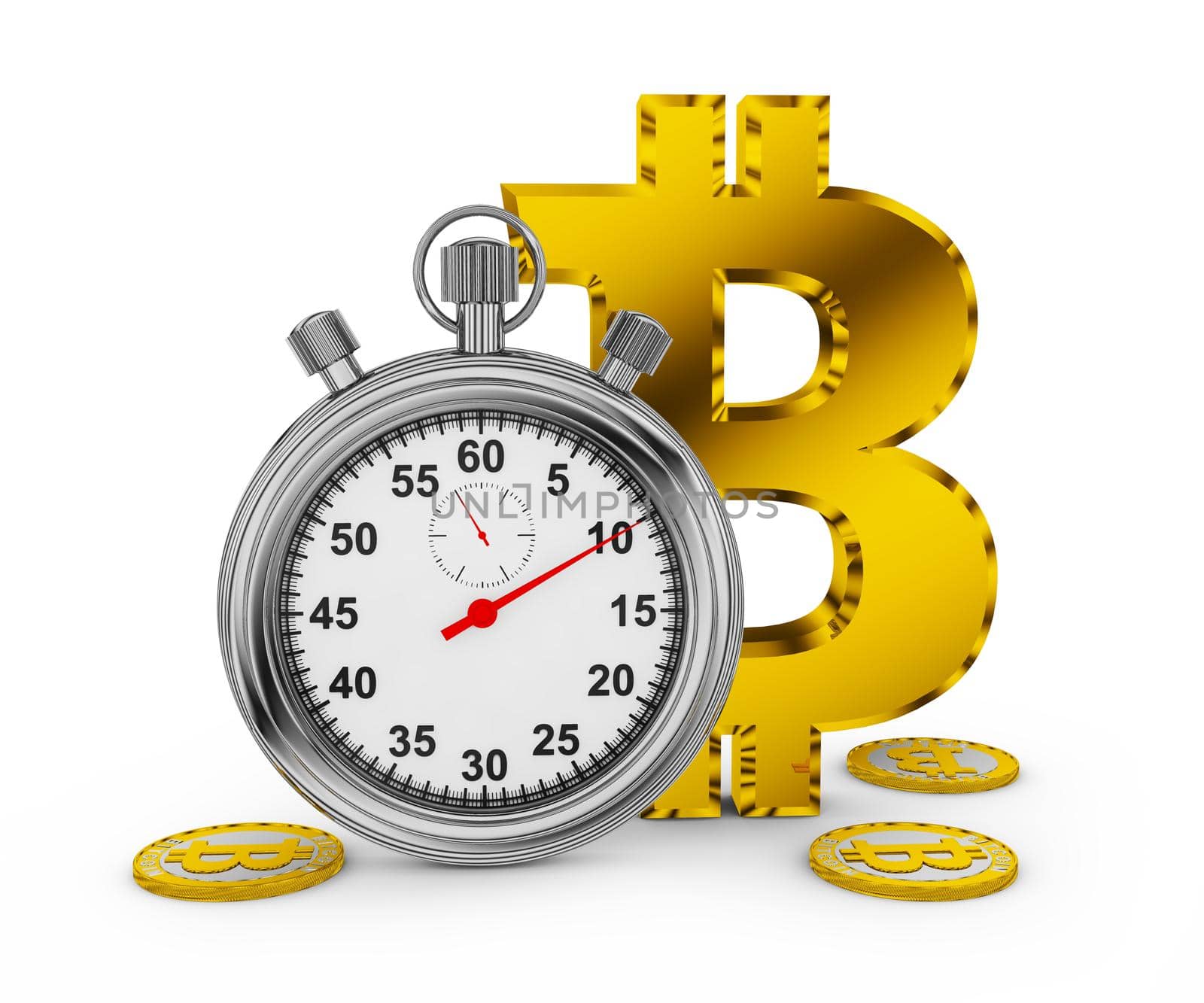 Mechanical stopwatch and Bitcoin symbol on a white background