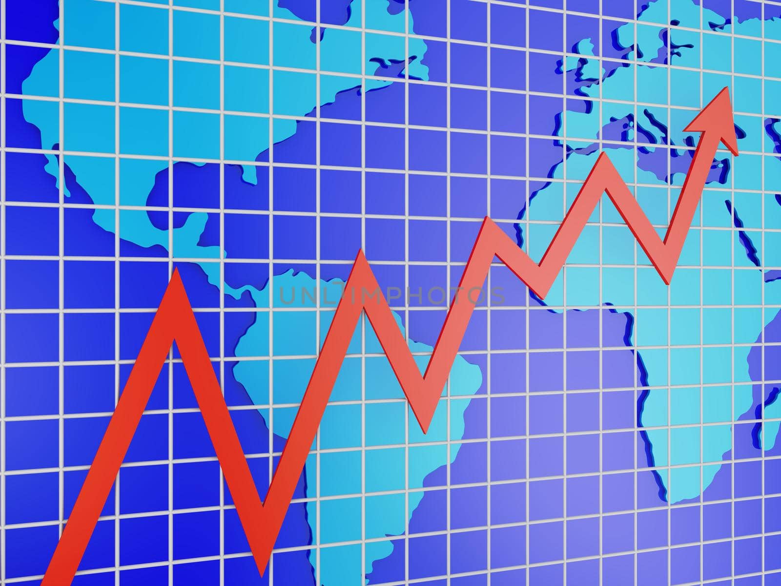 Blue world map and red graph - 3d render