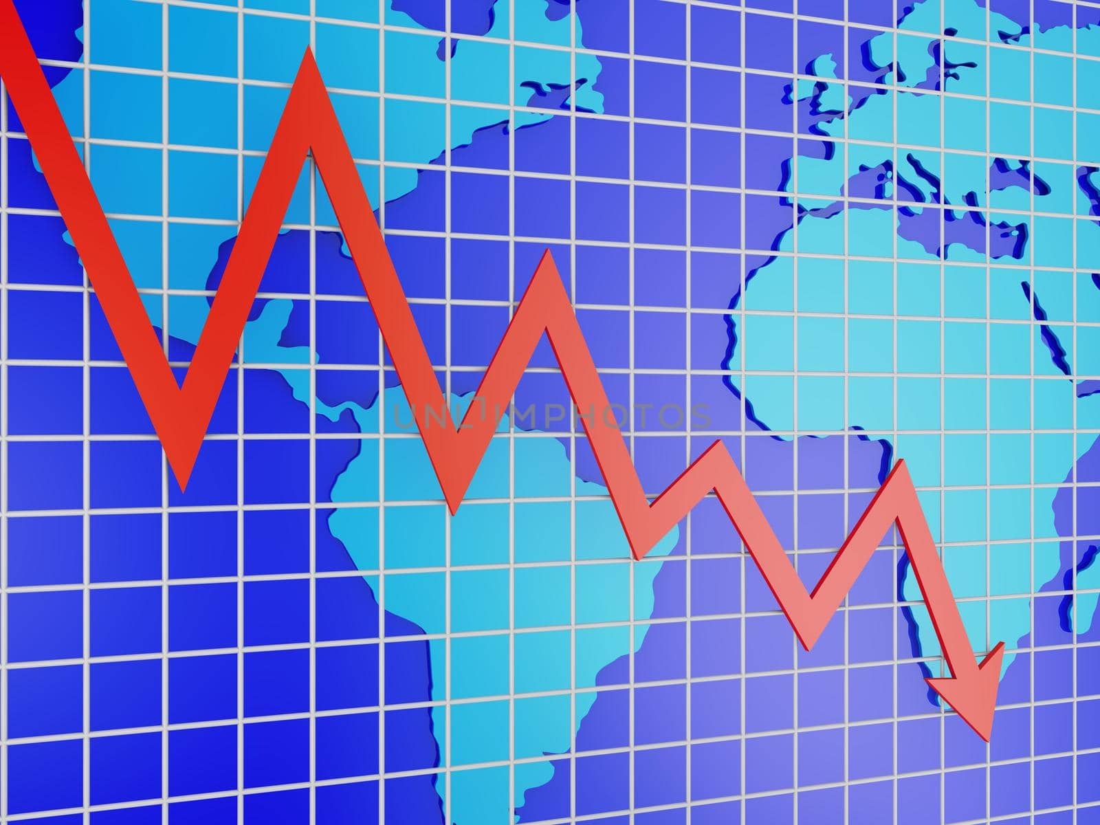 Blue world map and red graph - 3d render