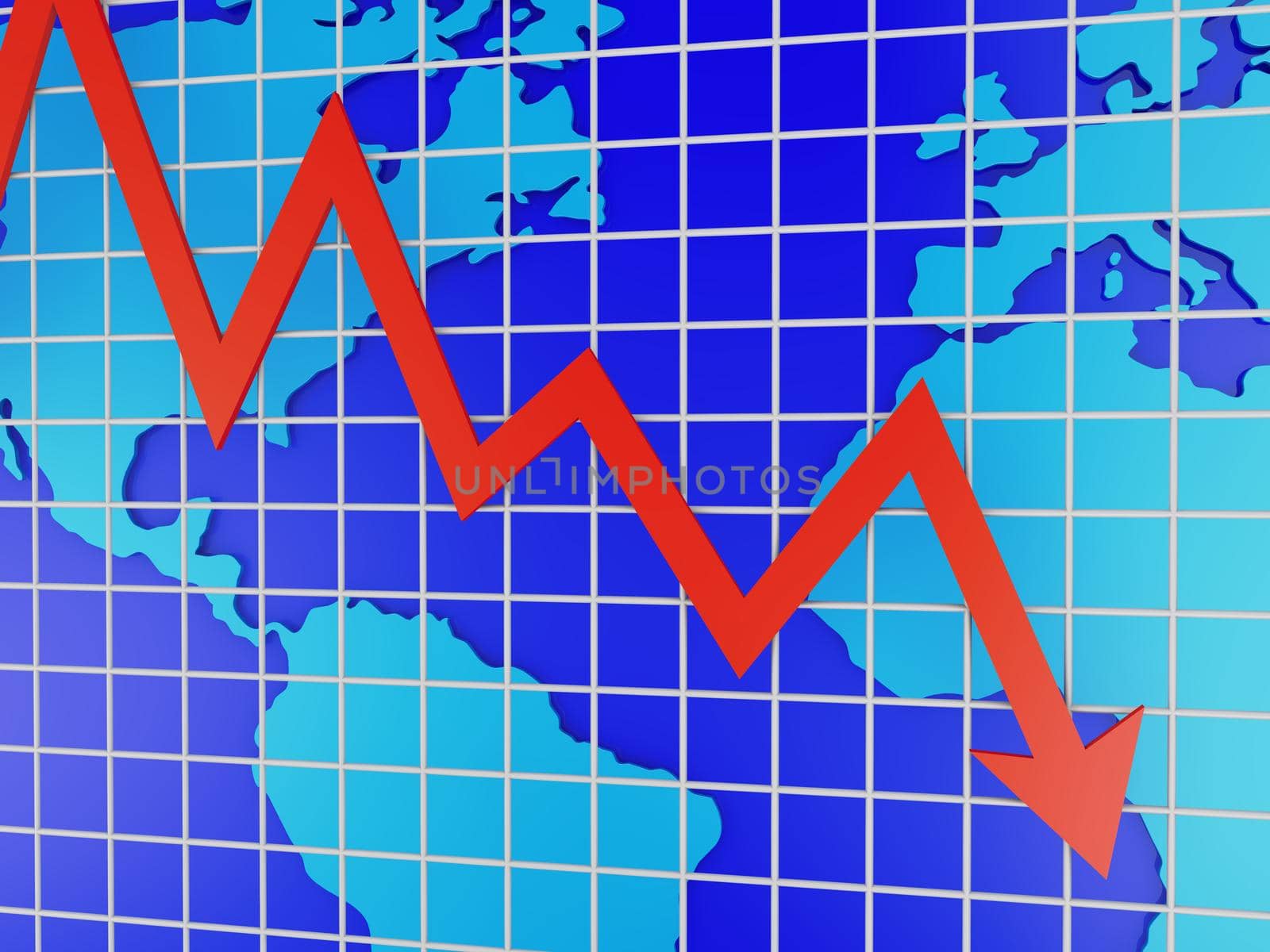 Blue world map and red graph - 3d render