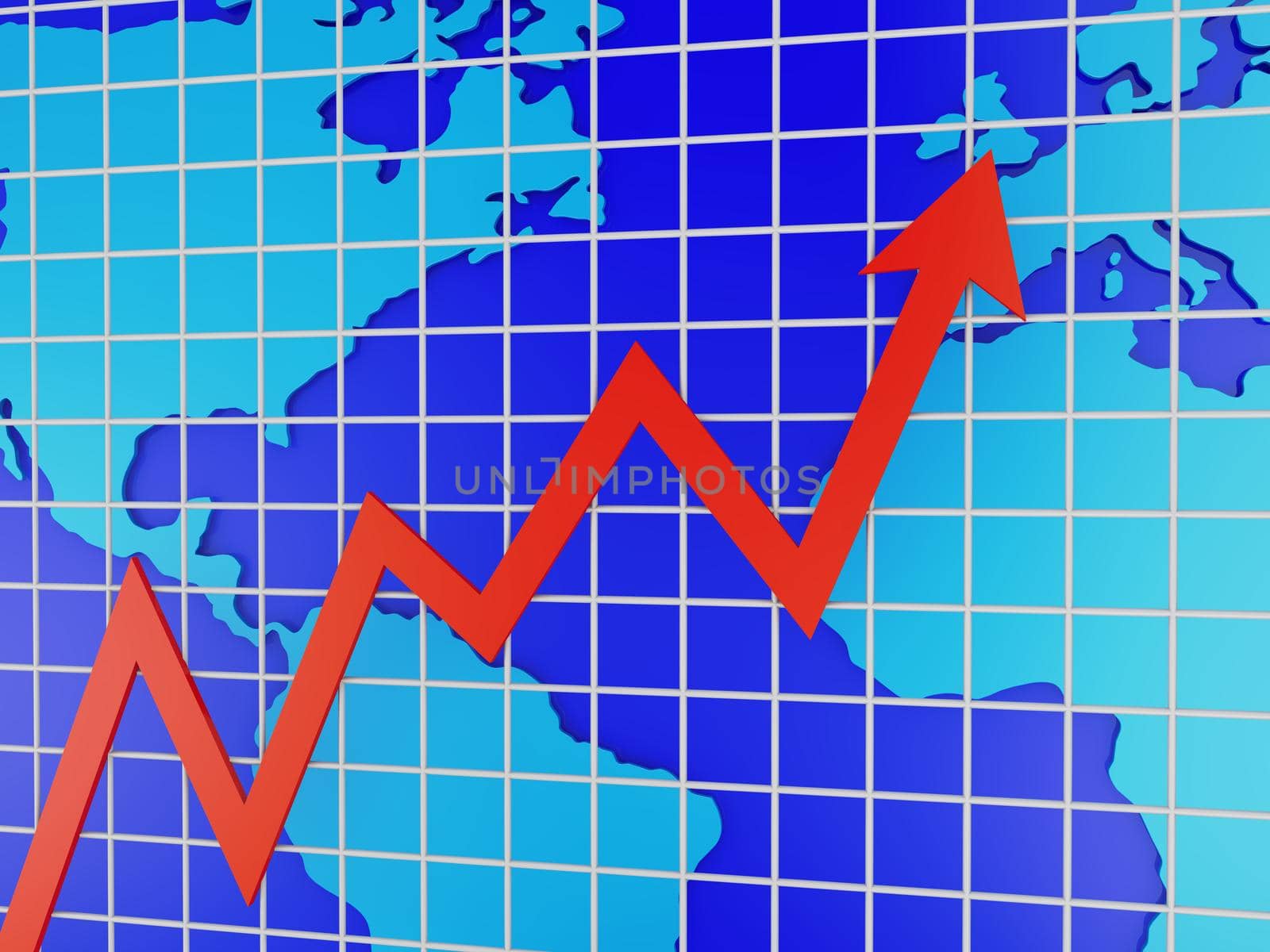 Blue world map and red graph - 3d render