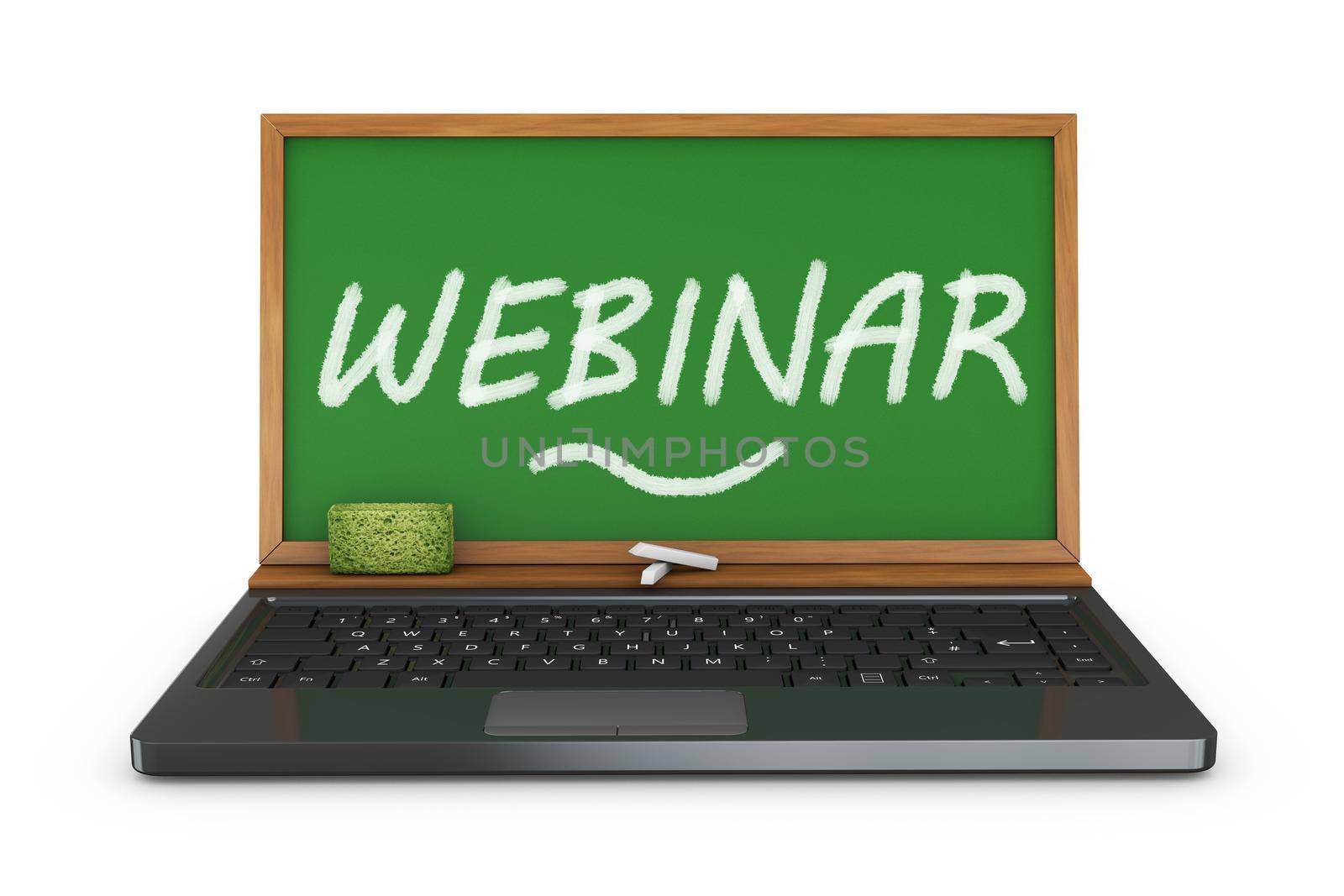 laptop and a chalk board with inscription webinar