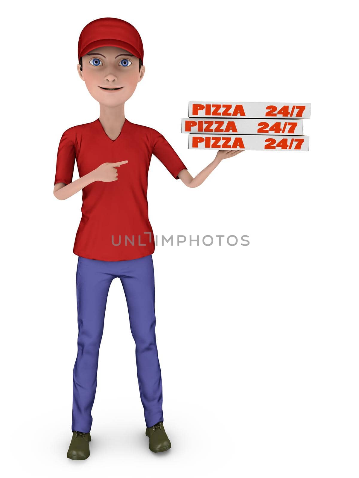 young boy holding a box of pizza on a white background