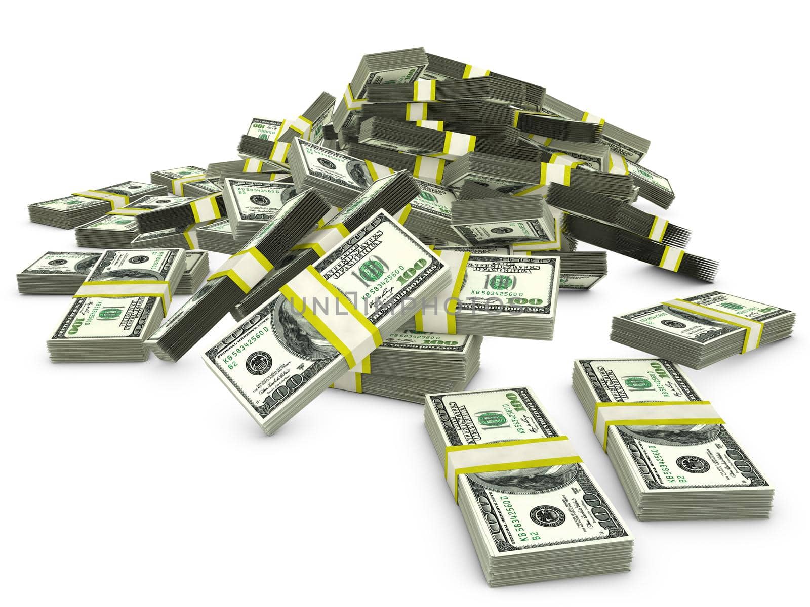 bunch packs of dollars on a white background