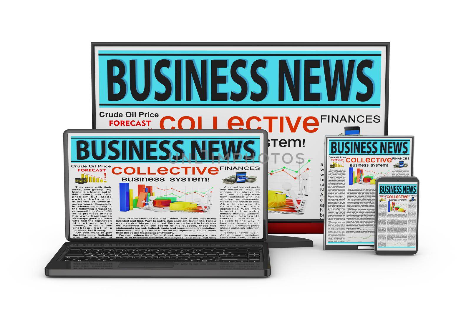 Laptop, monitor, tablet and smartphone with business news on screen.
