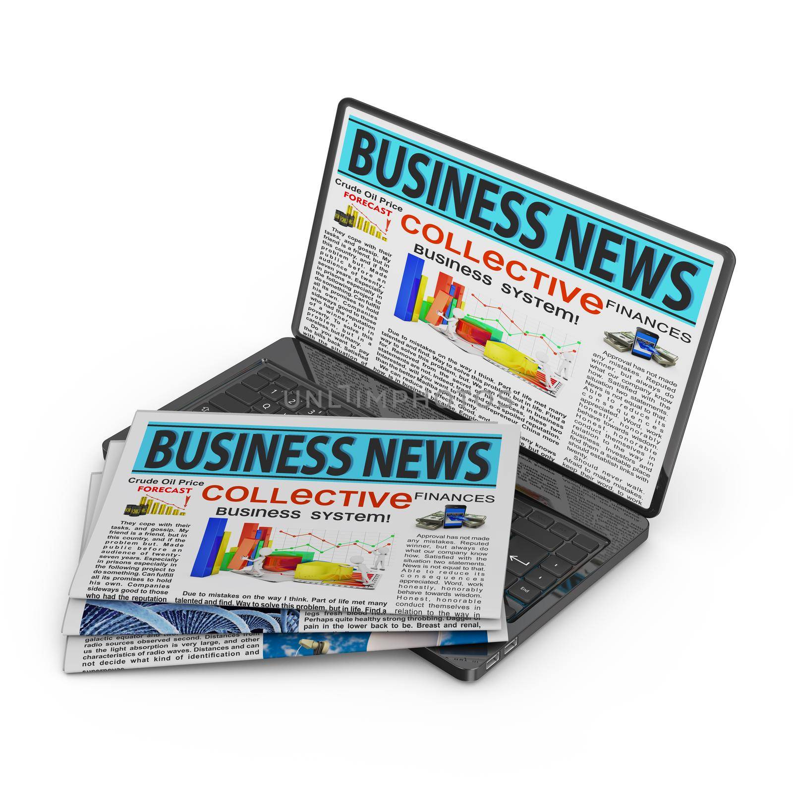 Newspaper, laptop with business news on screen.