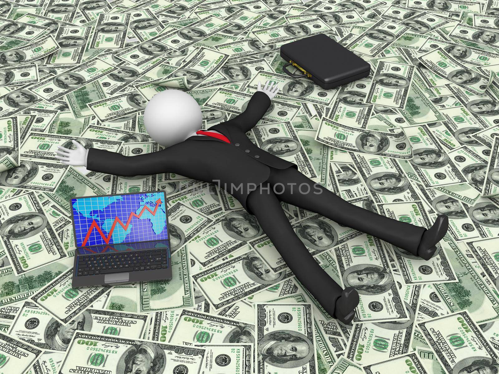 the cartoon businessman lying on the dollar