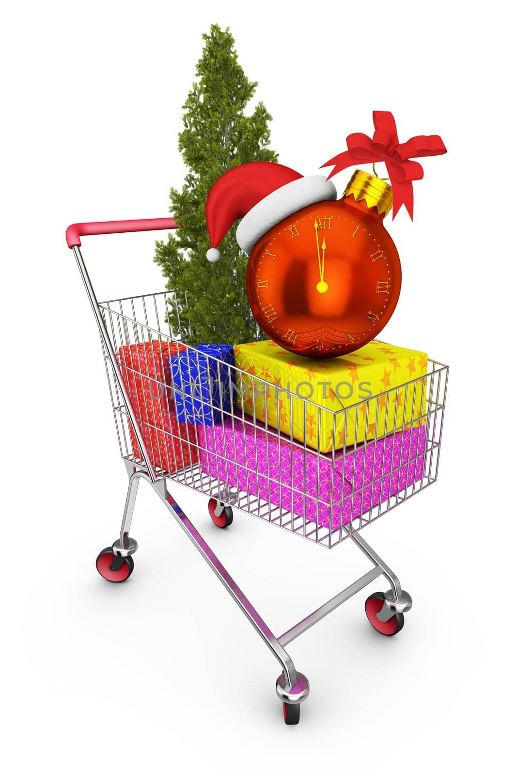 cart with gifts and a clock in the form of a ball