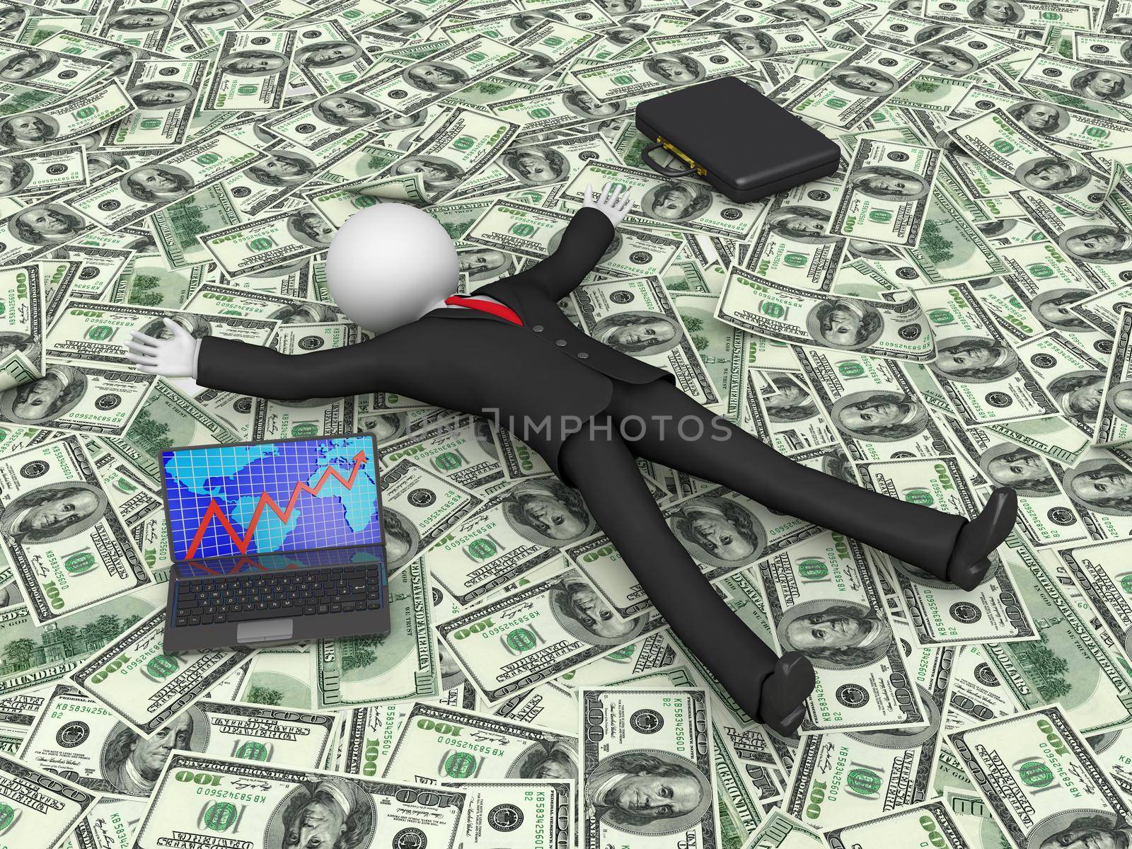 the cartoon businessman lying on the dollar