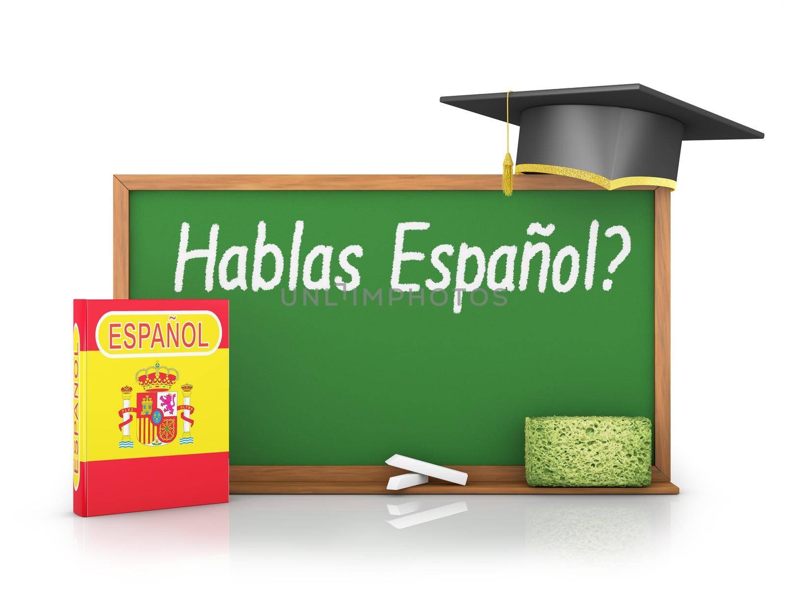 Spanish book with a flag and a chalk board on which is written - Do you speak in Spanish?