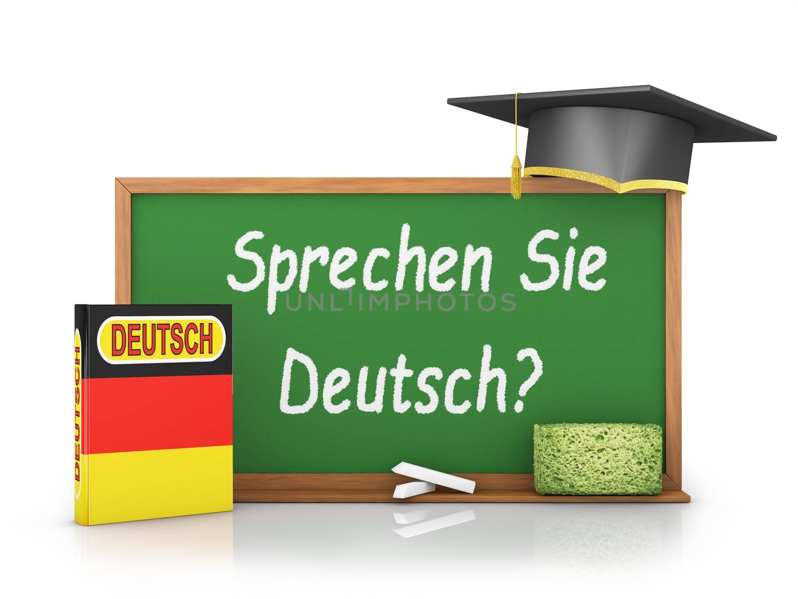 German book with a flag and a chalk board on which is written - Do you speak German?