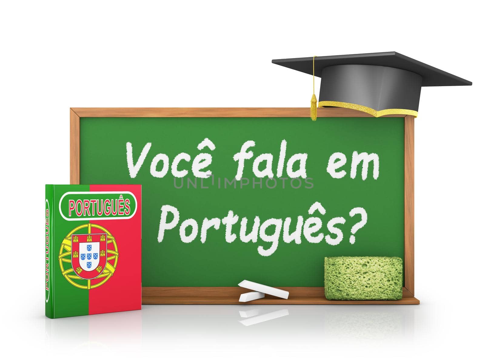 Portuguese book with a flag and a chalk board on which is written - Do you speak Portuguese?